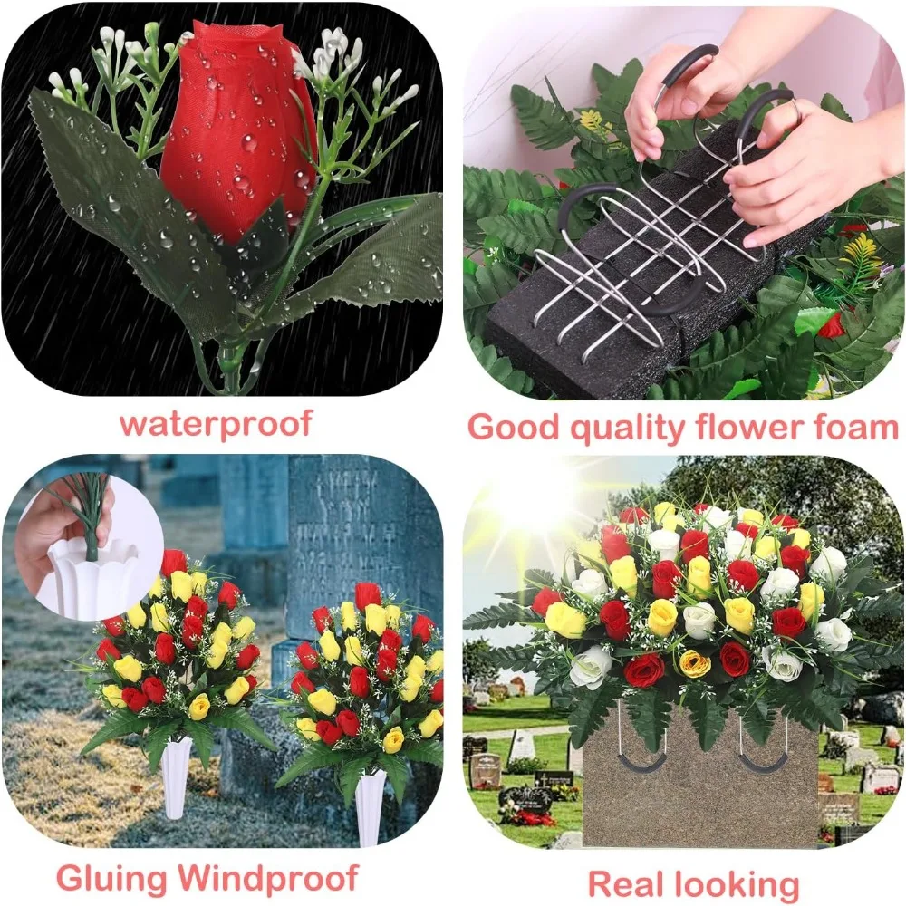 زهور المقبرة الاصطناعية مع مزهرية وباقات للقبور التذكاري وأحجار القبور #4