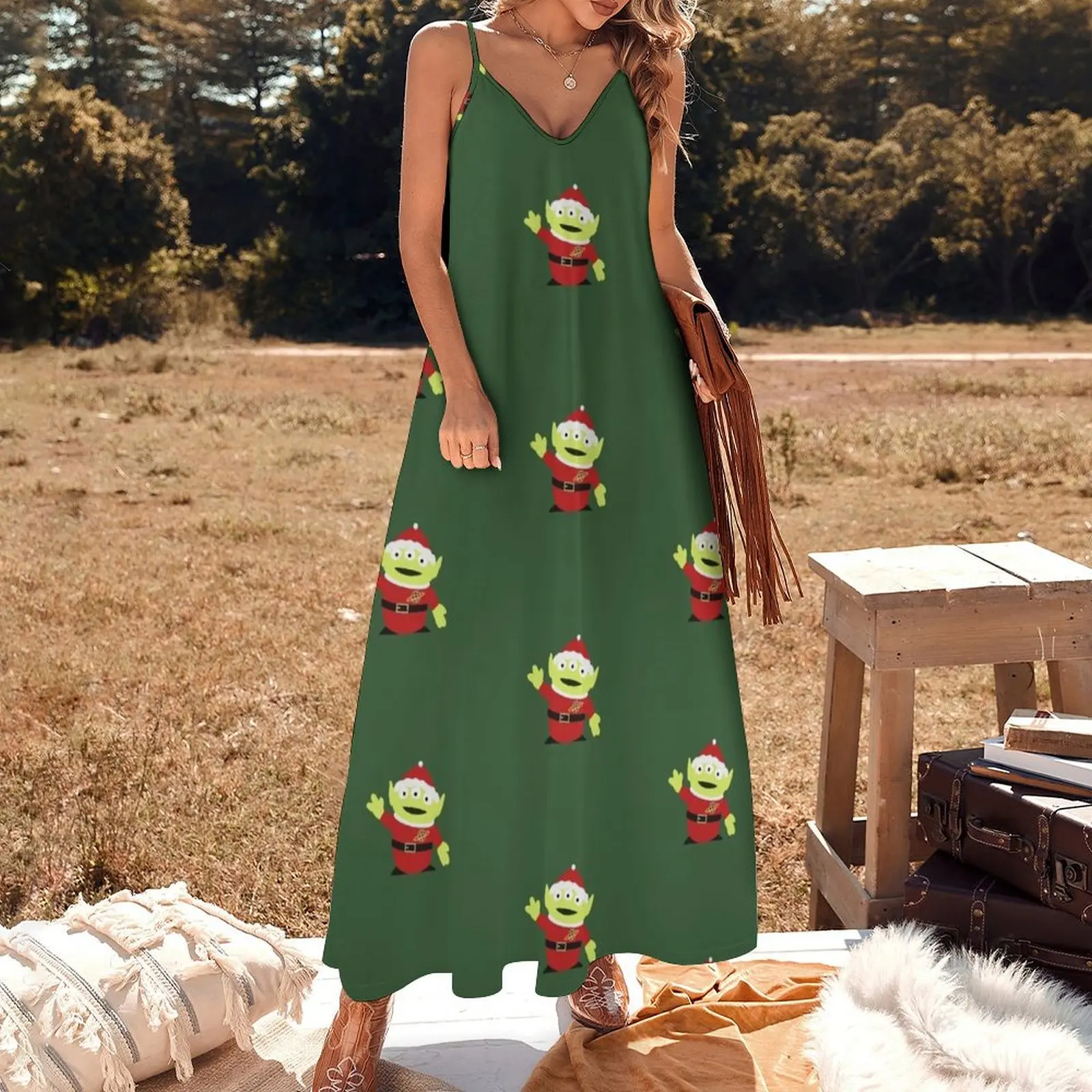 Cute Merry Christmas Alien with Green Background Sleeveless Dress Bride dresses dresses for official occasions