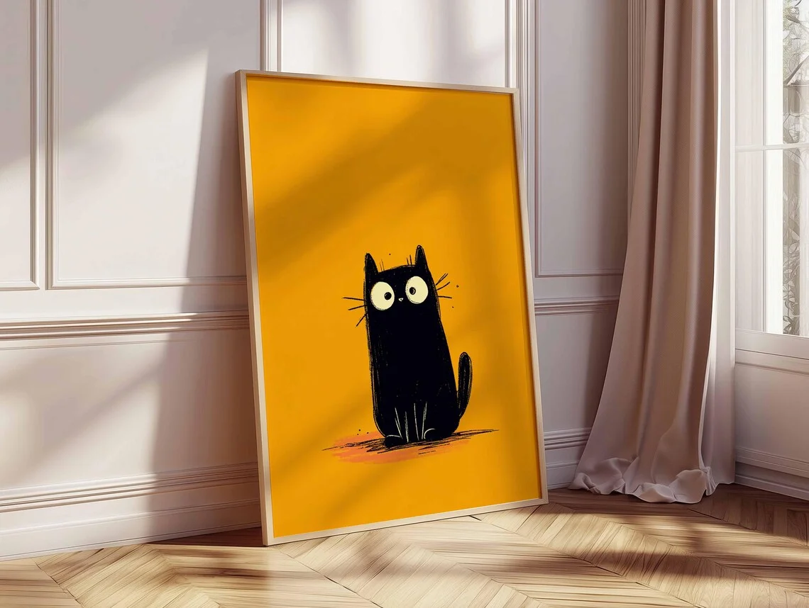 Black Cat Poster, Cute Cat Wall Art Print, Bold Orange Background, Funny Minimalist Cat Illustration, Quirky Animal Decor for Ca image 4