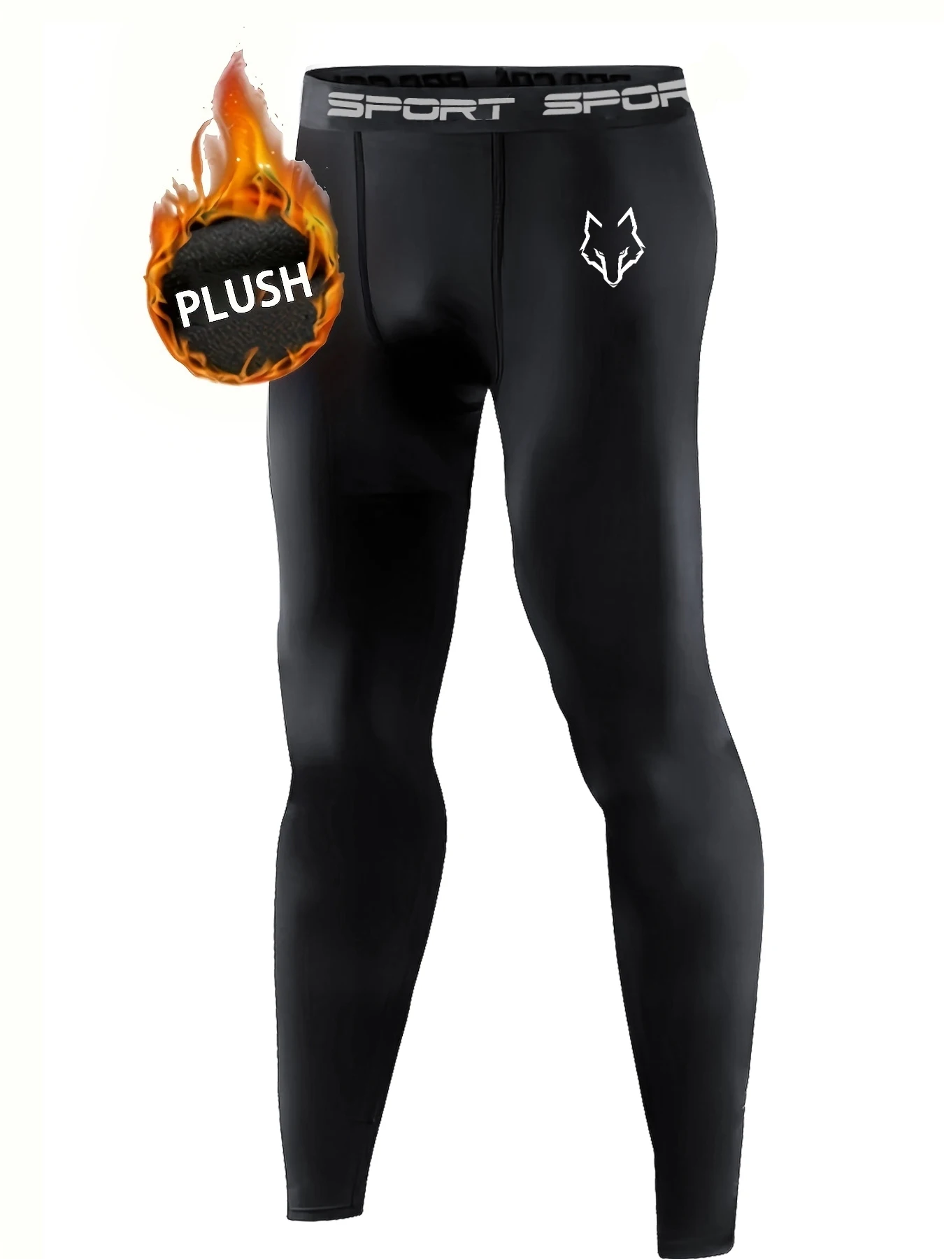 1Set Men’s Black Warm Compression Fleece Tracksuit Mock Neck Wolf Head Print Slim Fit Elastic Sportswear Running Training Workou