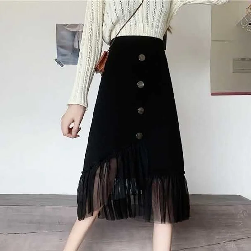 New Autumn/Winter Fashion Splice Elastic High Waist Mid Length Black Knitted Versatile Foreigner Age Reducing Women's Halfskirt