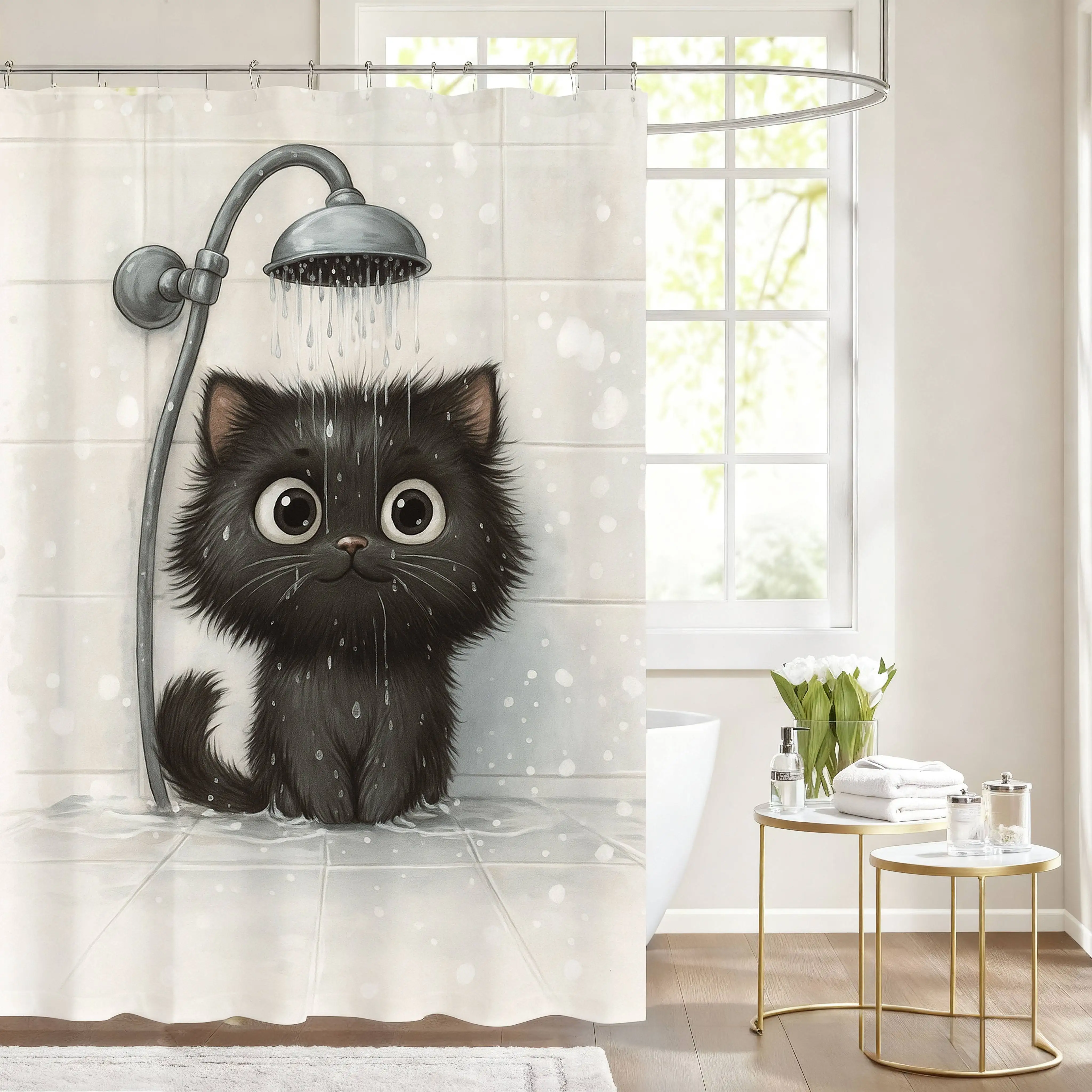Cute Big Eyes Black Cat Shower Curtain, Watercolor Fluffy Kitten Under Shower Print Waterproof Bath Curtain for Bathroom Decor view 3