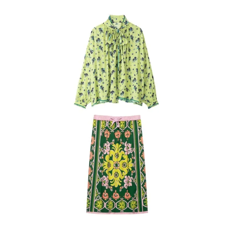 Conjunto de Falda Midi Estampada para Mujer HipSeam, Nuevo Otoño 2026, Camisa Holgada de Cuello Alto con Lazo y Falda de Cintura Elástica, Conjunto de 2 Piezas para Mujer