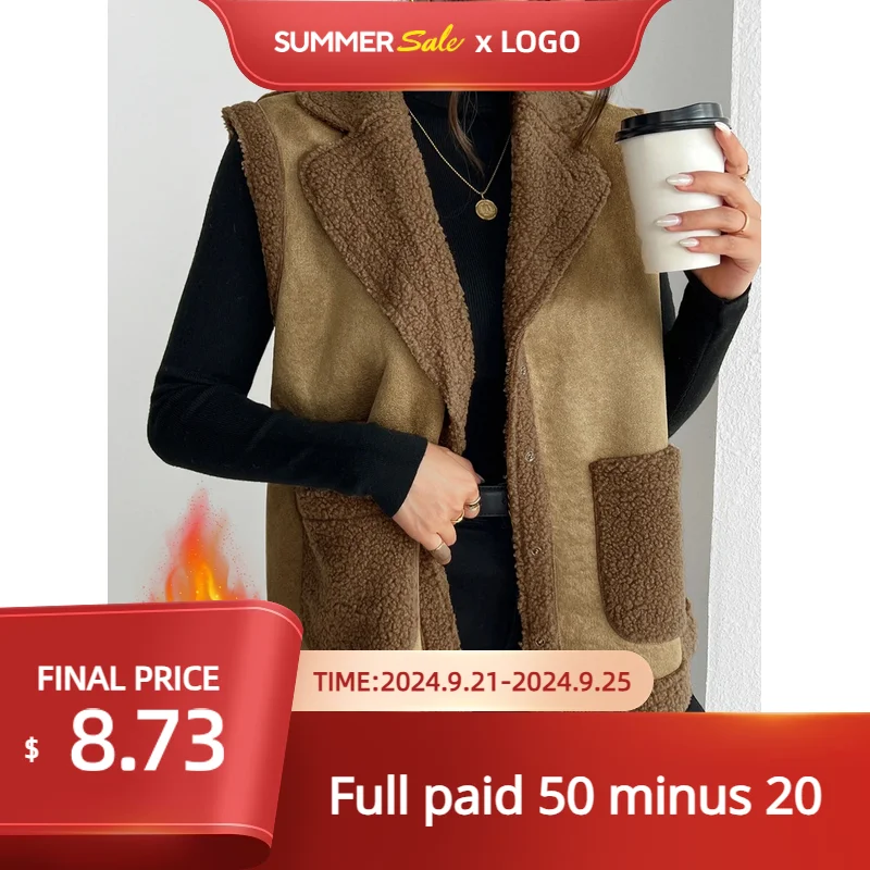 

Lamb wool warm vest for women, autumn and winter leather fur vest jacket, loose wool, coffee color, sweetheart style