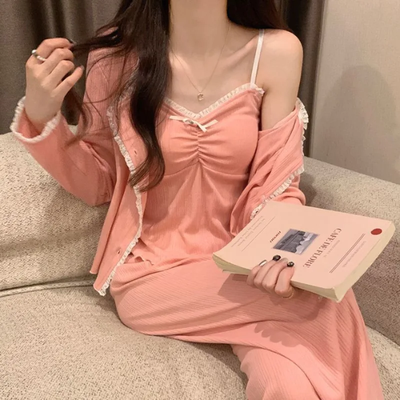 

Pure Cotton Long Women's Spring Autumn Sle Floral Lace Trim with Chest Pad Fufu Tee Piece Set