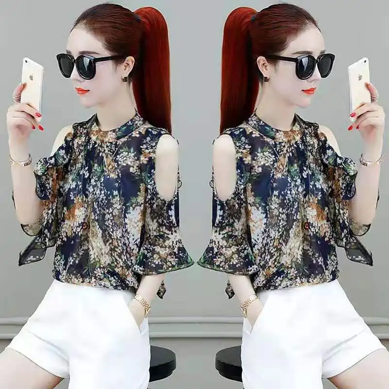 Fashion Printed Off Shoulder Flare Sleeve Floral Blouses Women Clothing 2024 Summer New Loose Elegant Tops Office Lady Shirts