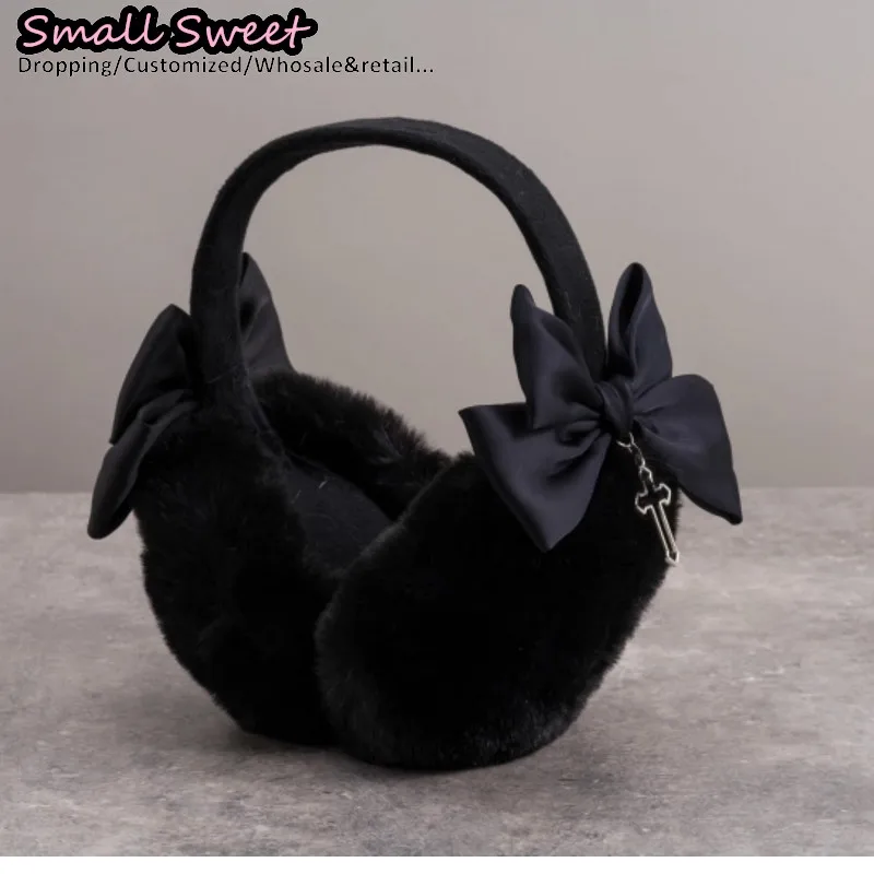 القوطية الشرير اليدوية القوس الصليب غطاء للأذنين الظلام الدافئة الأذن الأسود أفخم ثقافة فرعية Y2K فتاة حماية الشتاء غطاء للأذنين اكسسوارات #6