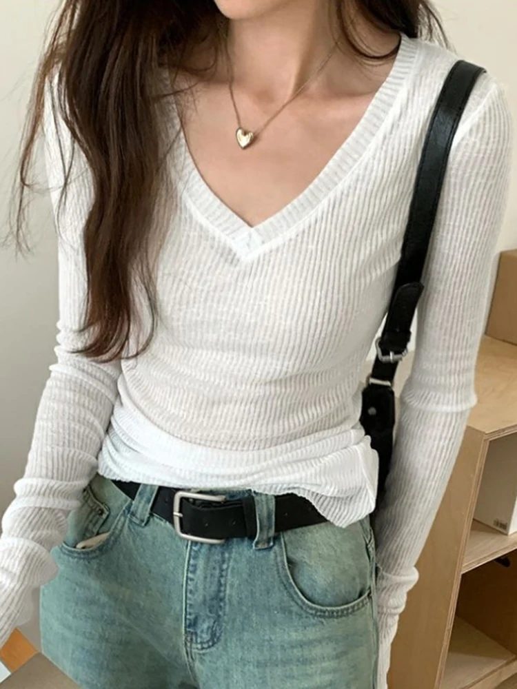 Frauen Langarm T Shirt Dünne Perspektive Sommer Feste Dünne Casual Shirts Weibliche Pullover Grundlegende T Y2k Kleidung Streetwear Top – Detail 15