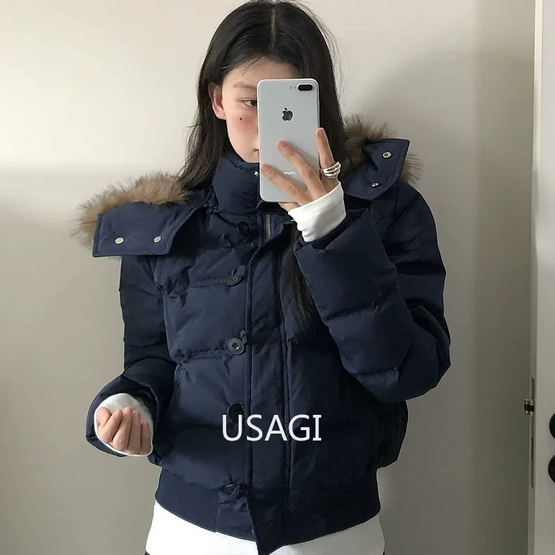 

Fur Hooded Jacket Women Outerwear Autumn Winter Thick Dowon Cotton Padded Slim Short Parkas Female Cropped Puffer Bubble Coat
