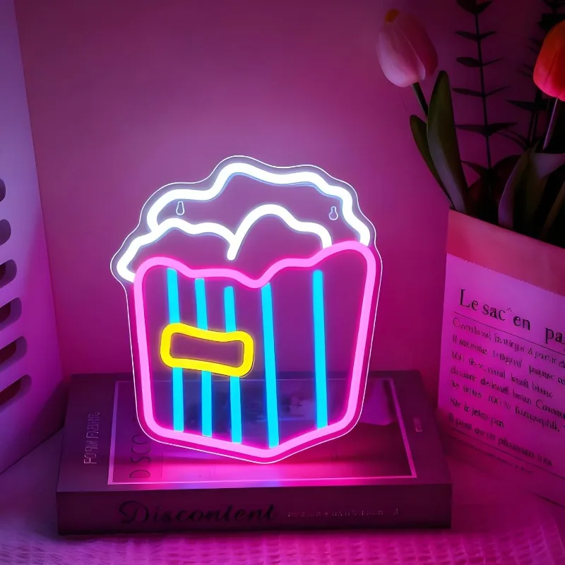 Enseigne néon FANSIR Popcorn, enseigne néon LED colorée pour la décoration murale, lumières néon à intensité variable, alimentation USB pour bar, pub, club, boutique, salle de cinéma, cinéma maison, restaurant, fête