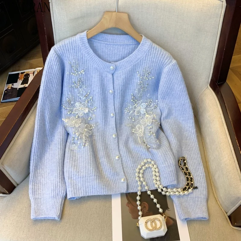 

Sweet 3D Floral Beading Sequin Embroidered Sweater Women's 2025 Autumn Korean Version Knit Cardigan Outerwear Mujer Jumpers