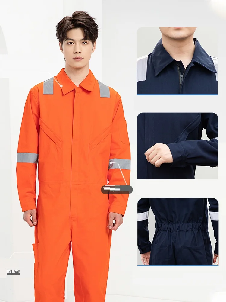 Cotton one-piece overall suit men reflective Hi Vis wear-resistant mechanic repair electric welder harbor labor protection suits