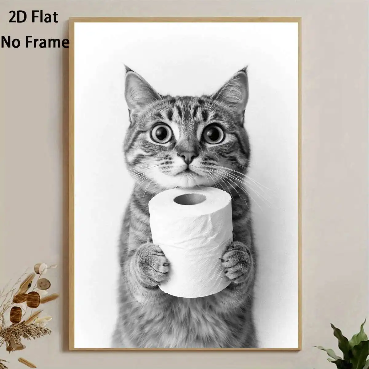 2D Flat, 2D Flat, 1pc 2D Flat Prints Featuring a Cat with Toilet Paper, These Monochrome Art Posters Serve As Unframed Canvas