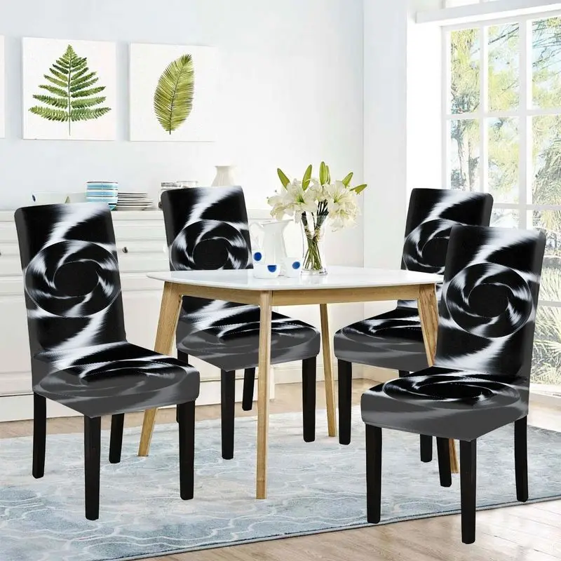 

Чехол для обеденного стула, эластичный, черный, с круглым витым принтом, машинная стирка, для отелей, банкетов, домашнего декора.