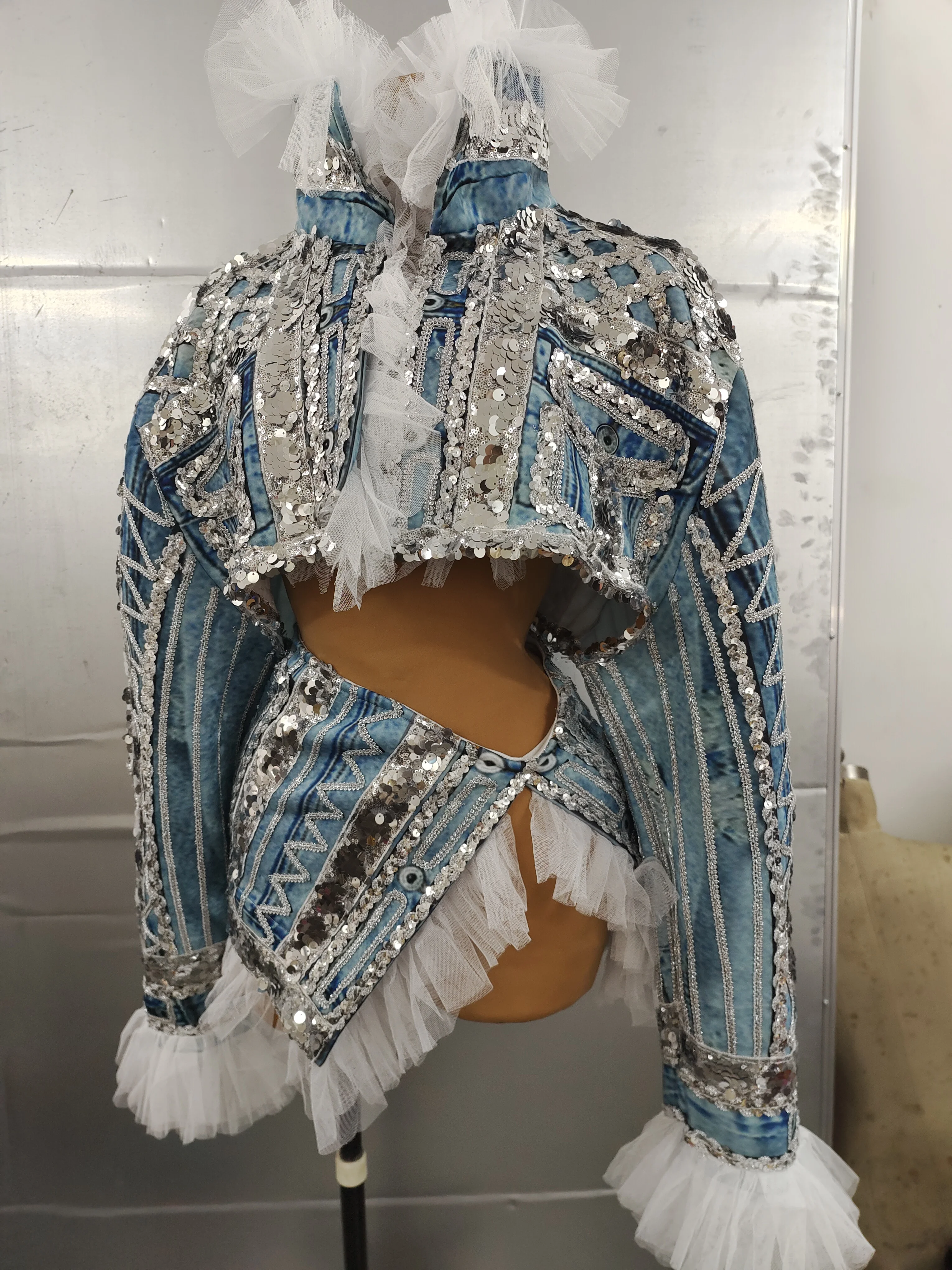 

Fashion Women's Faux Denim Sequins Jacket Mini Skirt Costumes Birthday Party Nightclub Singer Jazz Dance Show Performance Wear