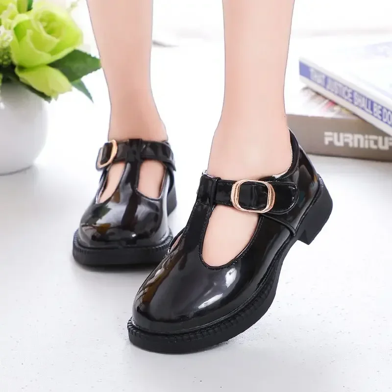 Children Leather Shoes for School Party Black White Girls Dress Shoes Kids Leather Flats T-strap Simple Classic Cut-outs Fashion