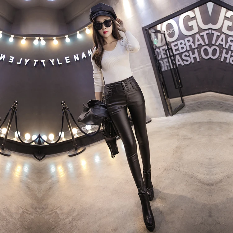 2023 winter warm woman pu leather pants women elastic velvet trousers pencil leggings tights women show thin dress