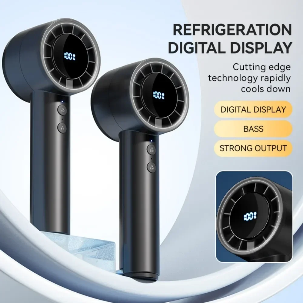 USB Rechargeable High-speed Fan Handheld Mini Turbo Fan with Hook and LED Digital Display 5-speeds Wind Adjustable Portable Fan