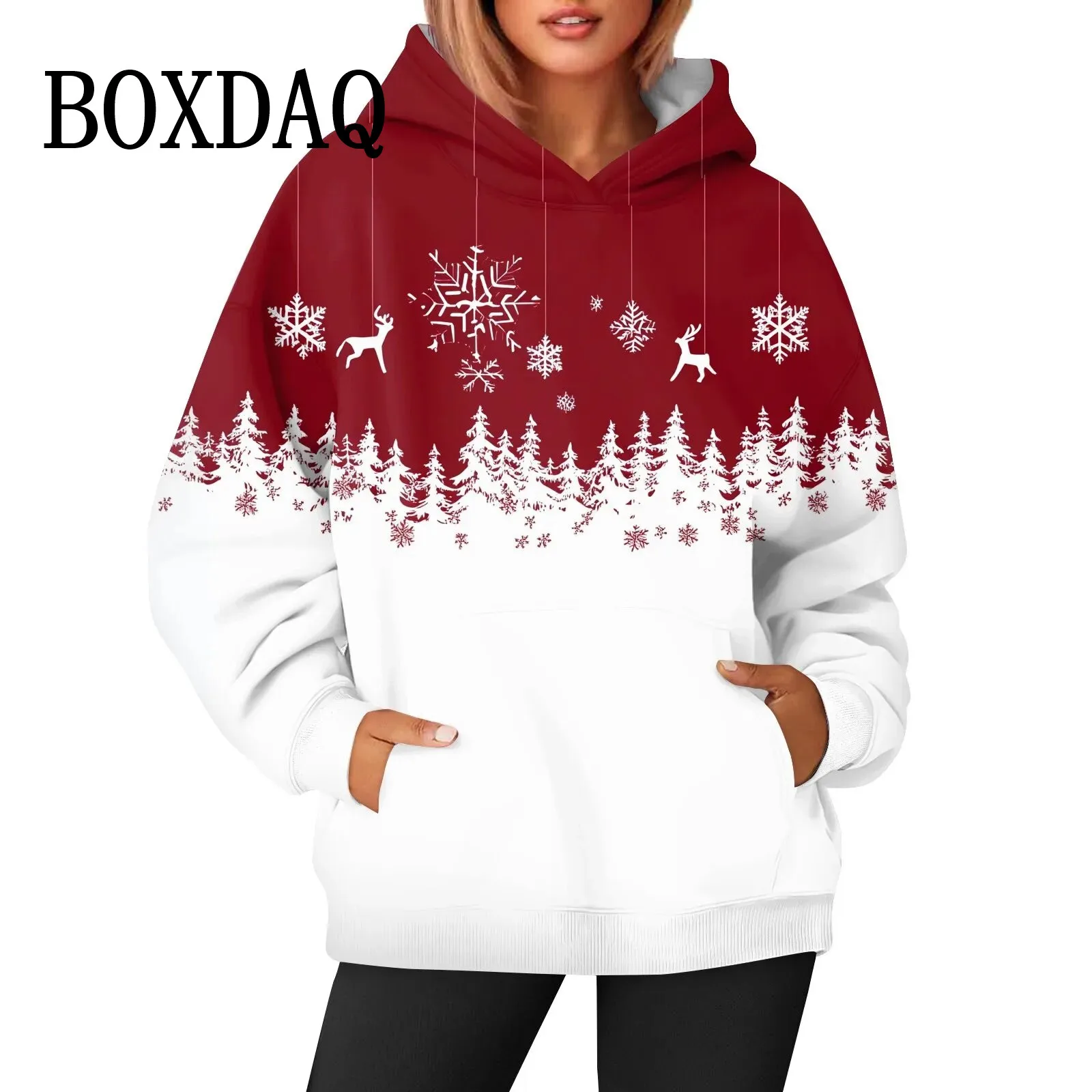 2024 Autumn Casual Women Long Sleeve Hoodies Red Chirstams Sweatshirts Snowman Print Hooded New Winter Pockets Pullovers Tops