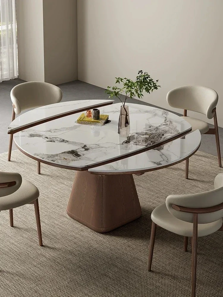 A Retractable round dining table light luxury high-end small apartment square and round multi-function rotating Italian style