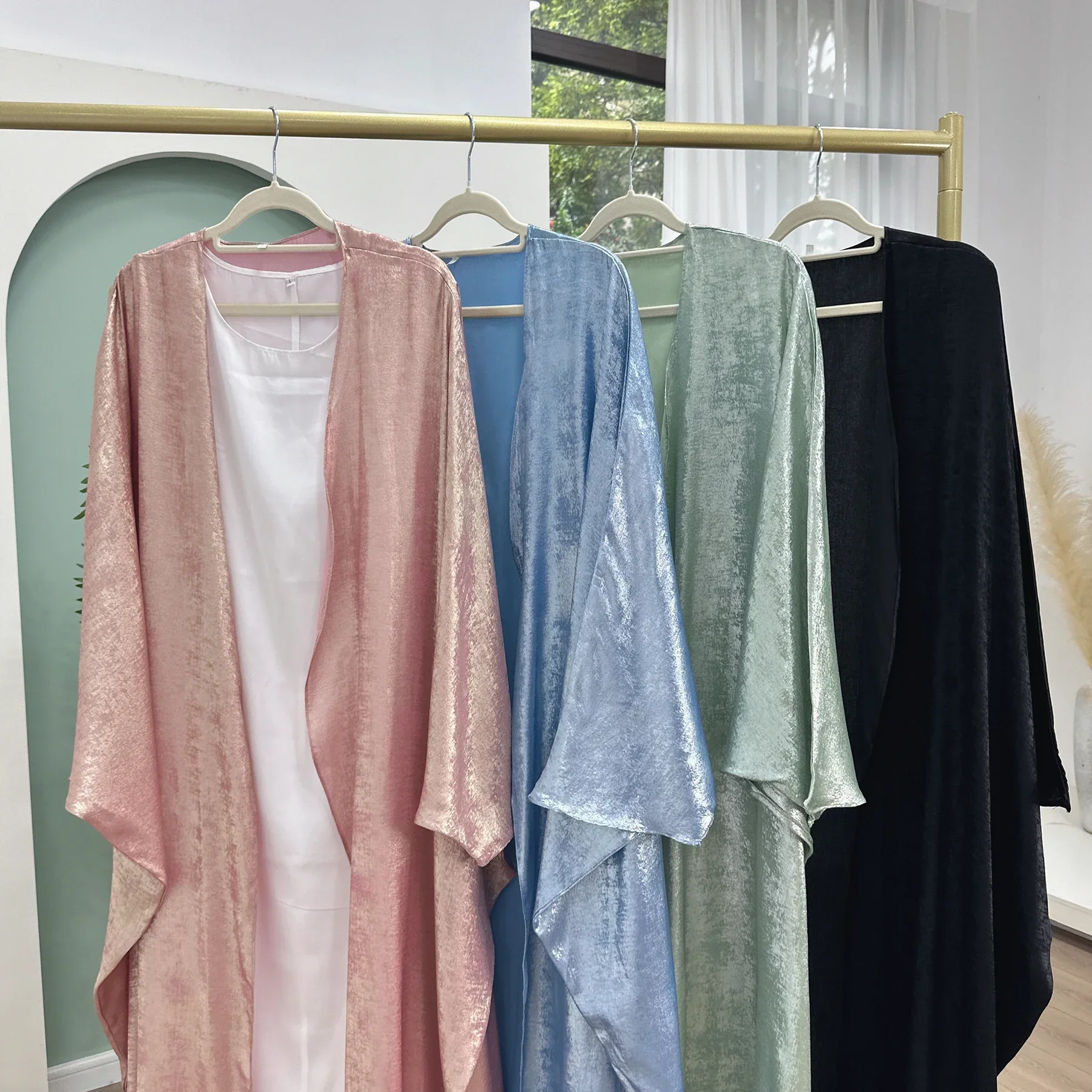 Abayas For Women Eid Shiny Batwing Satin Open Kimono Abaya Dubai Luxury Muslim Kaftan Dress Islam Clothing Caftan Marocain Femme