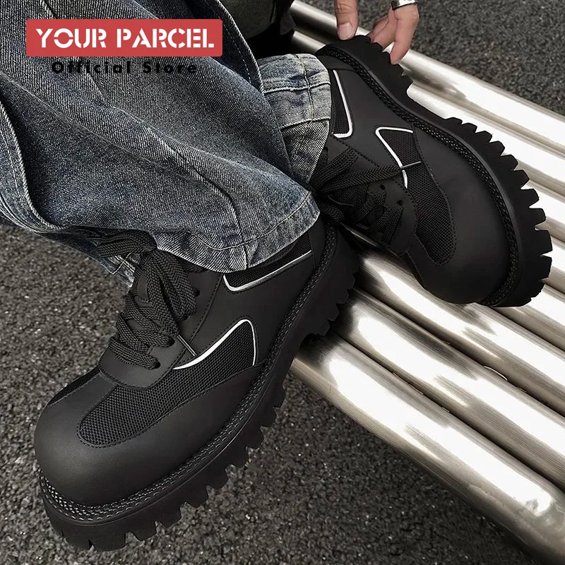 Sports leather shoes men thick soled casual round toe genuine leather Derbies shoes commuting mesh breathable reflective design