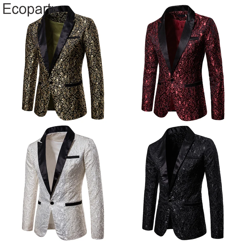 Men Gold Jacquard Blazer Suit Bronzing Floral Single Button Long Sleeved Jacket Fashion Wedding Dress Party Stage Singer Costume