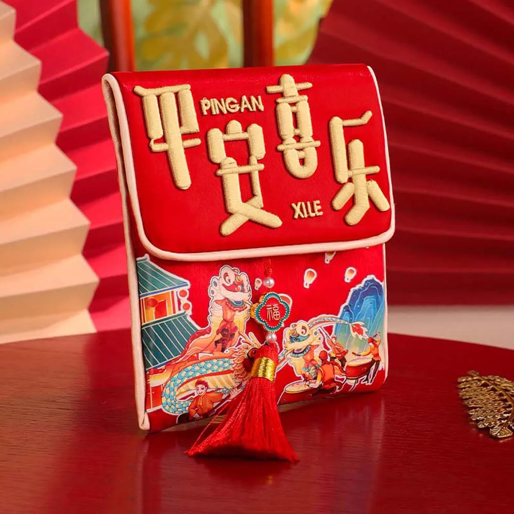 Traditional Chinese New Year Red Wallet Polyester Hongbao God of Wealth Red Pocket Blessing Spring Festival Supplies