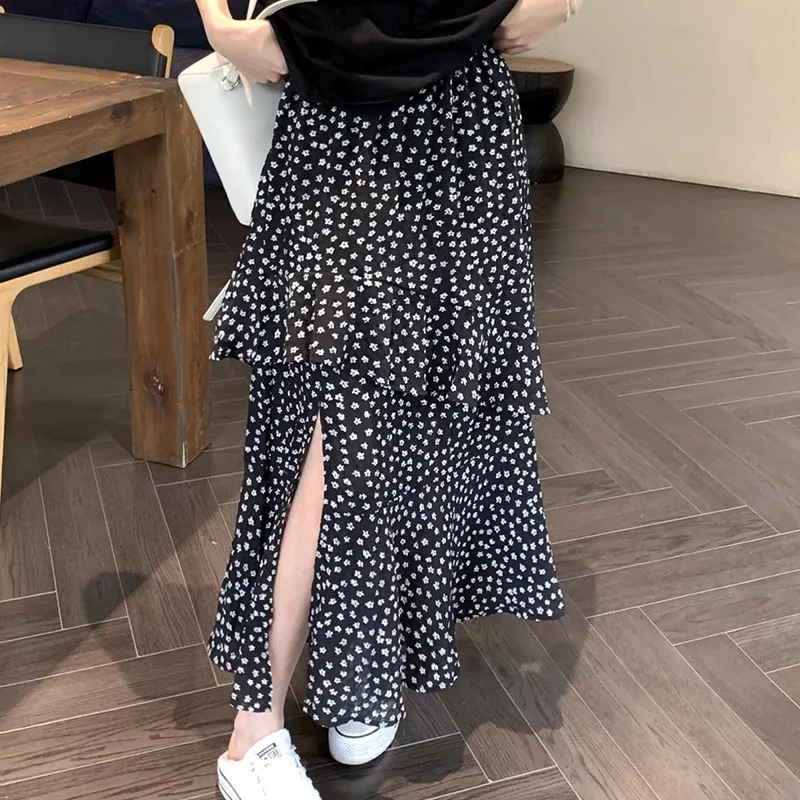 Women High Waist Floral Ruffle Split A Line Long Skirt Elastic Waist Casual Midi Skirt