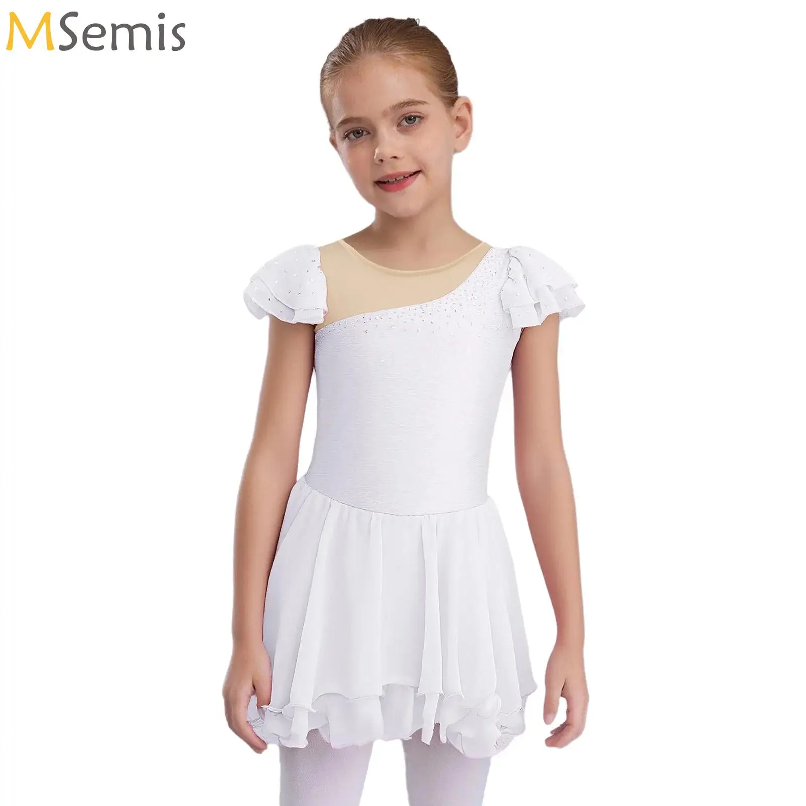 

Kids Girls Rhythmic Gymnastics Dresses Ballet Lyrical Dance Performance Costume Sheer Mesh Rhinestone Leotard Ballet Jersey