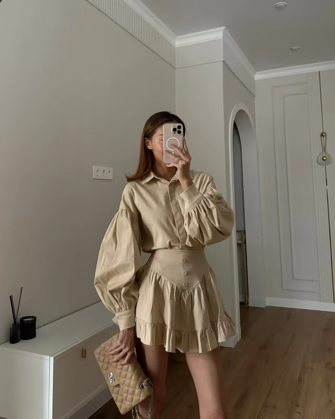 The New Spring/Summer 2026 Collection Features A High-end And Elegant Suit With A Lapel Lantern Sleeves Shirt And Ruffled Skirt