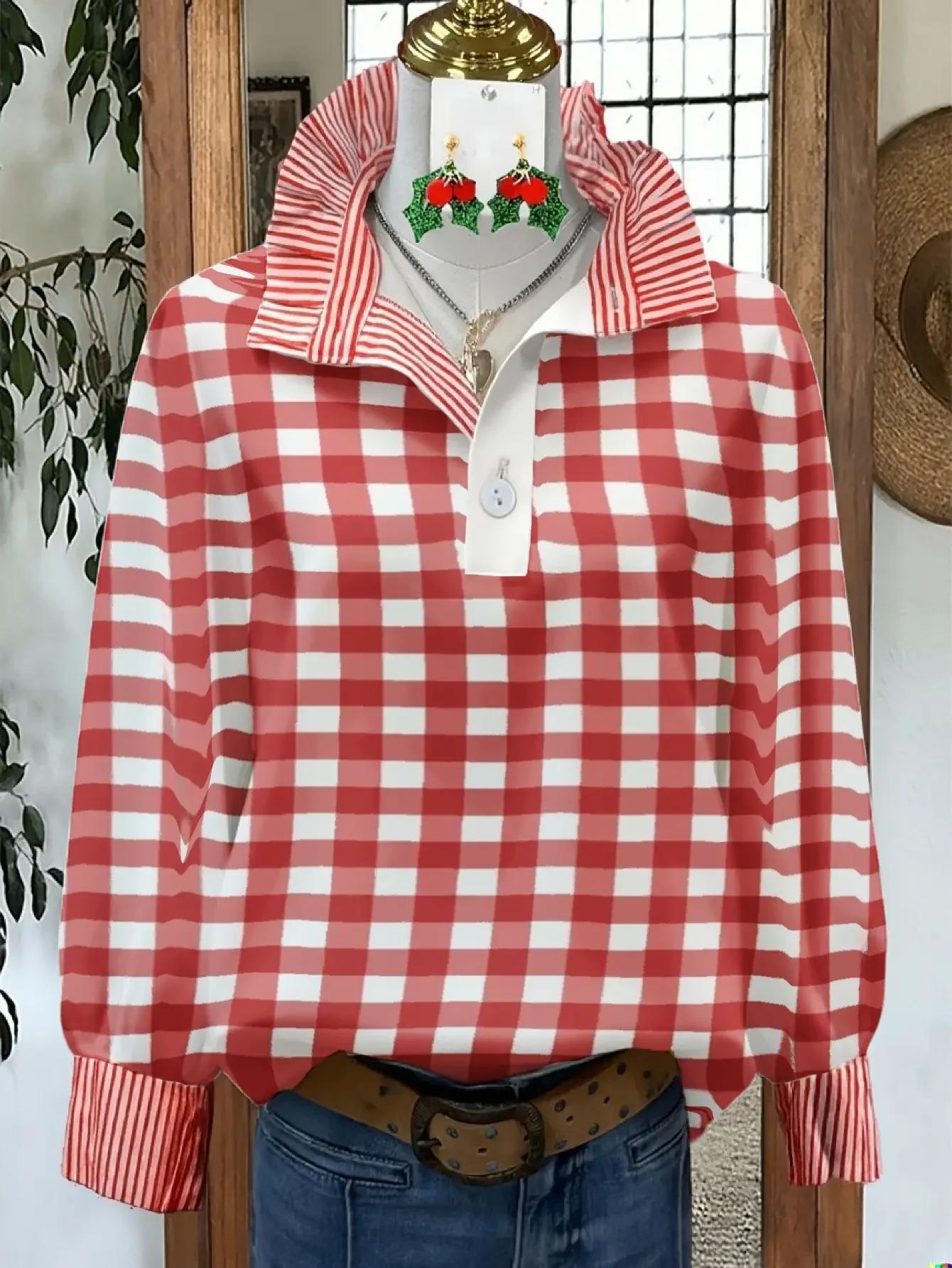 A women's top for spring and autumn winter, women's stand up collar shirt with long sleeves,  Christmas gift