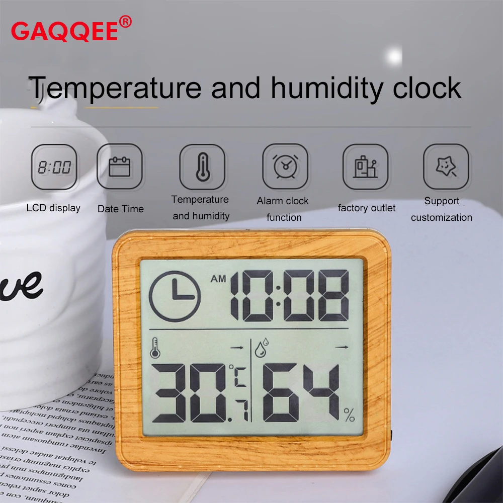 LCD Digital Temperature and Humidity Meters Woodgrain Electronic Clock Thermo-hygrometer Weather Station for Desktop Decorations