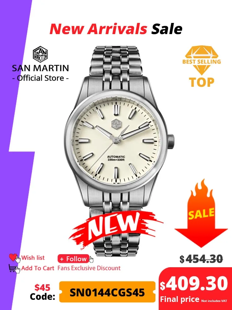 

San Martin 36mm Gada Watch Classic Simple Enamel Dial Miyota 90S5 Original Design Dress Men Automatic Mechanical Watches SN0144