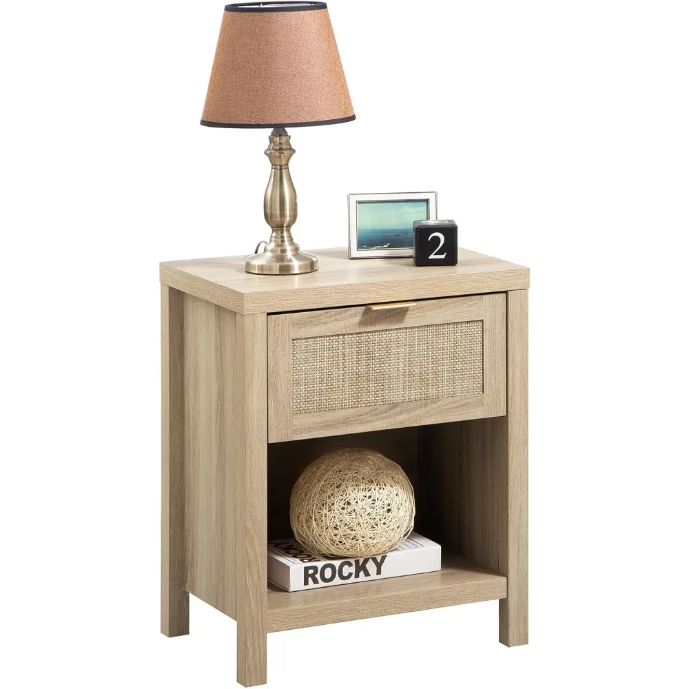 

Rattan Night Stands, Farmhouse Nightstand Boho End Side Table Bedside Table with Drawer and Open Shelf for Bedroom, Light Oak