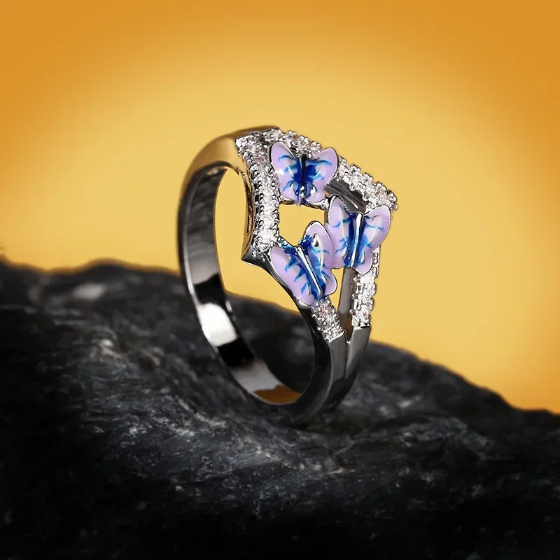 925 Silver Exquisite Blue Butterfly Enamel Ring for Women's High-quality Handcrafted Enamel Jewelry Anniversary Gift