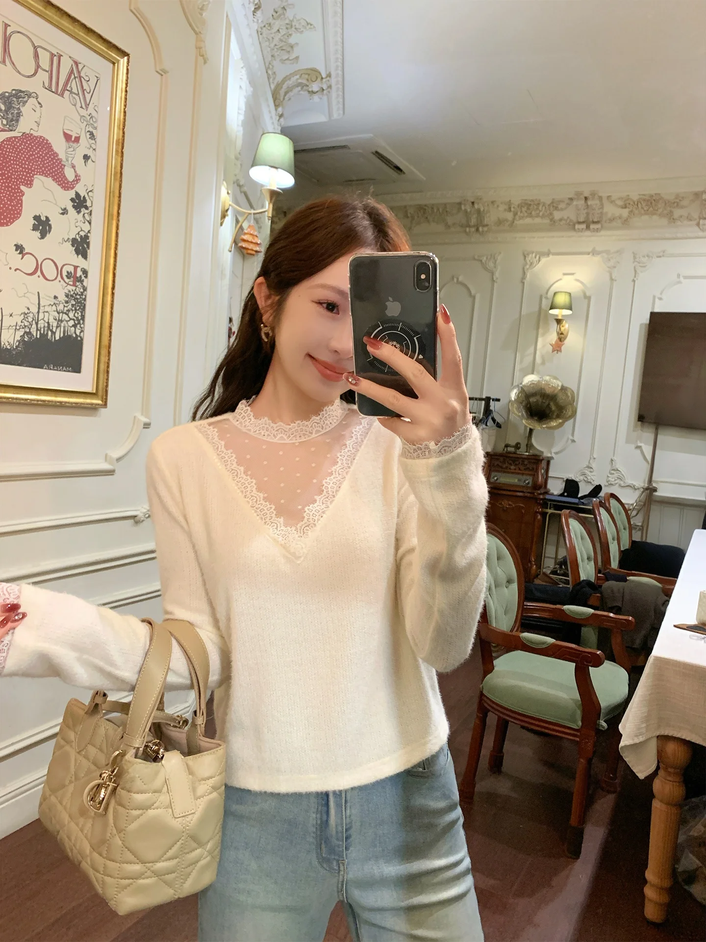 

French Sle Lace Insert Base irt Women's Knitted Top Spring Design Loose Fit Long Sve Regular Length Nylon Spandex