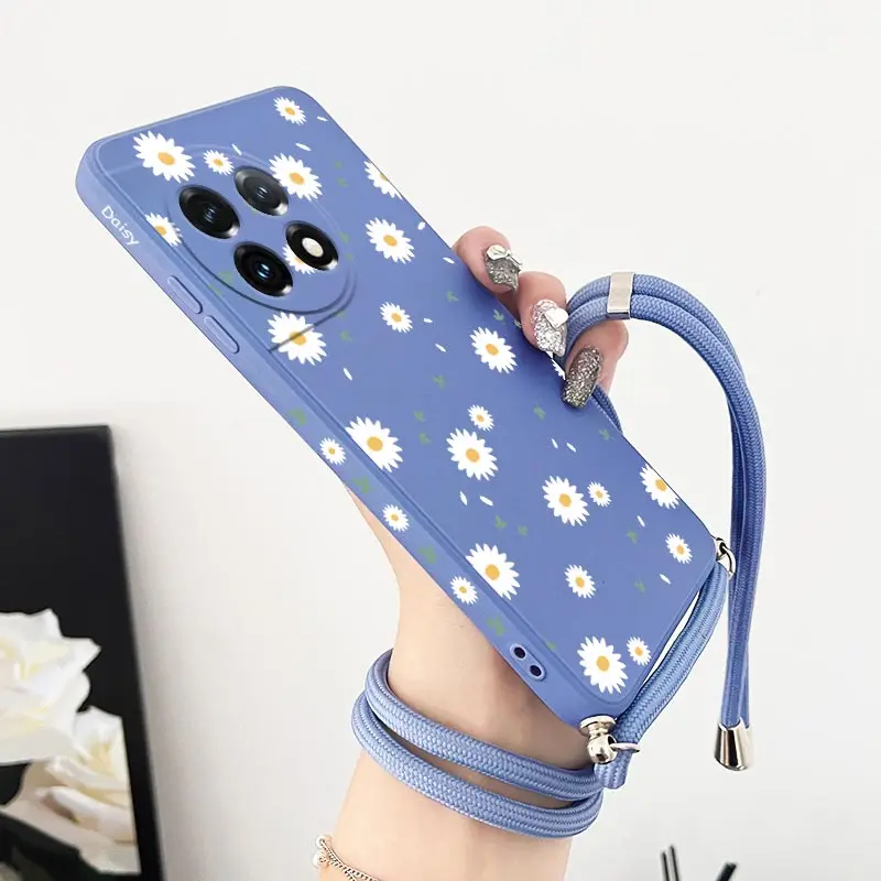 Deciduous Daisies Crossbody Lanyard Silicone Phone Case For Oneplus 11 11R 10R 10T 10 Pro 9 9R 9RT 8T 8 8 Pro Cover