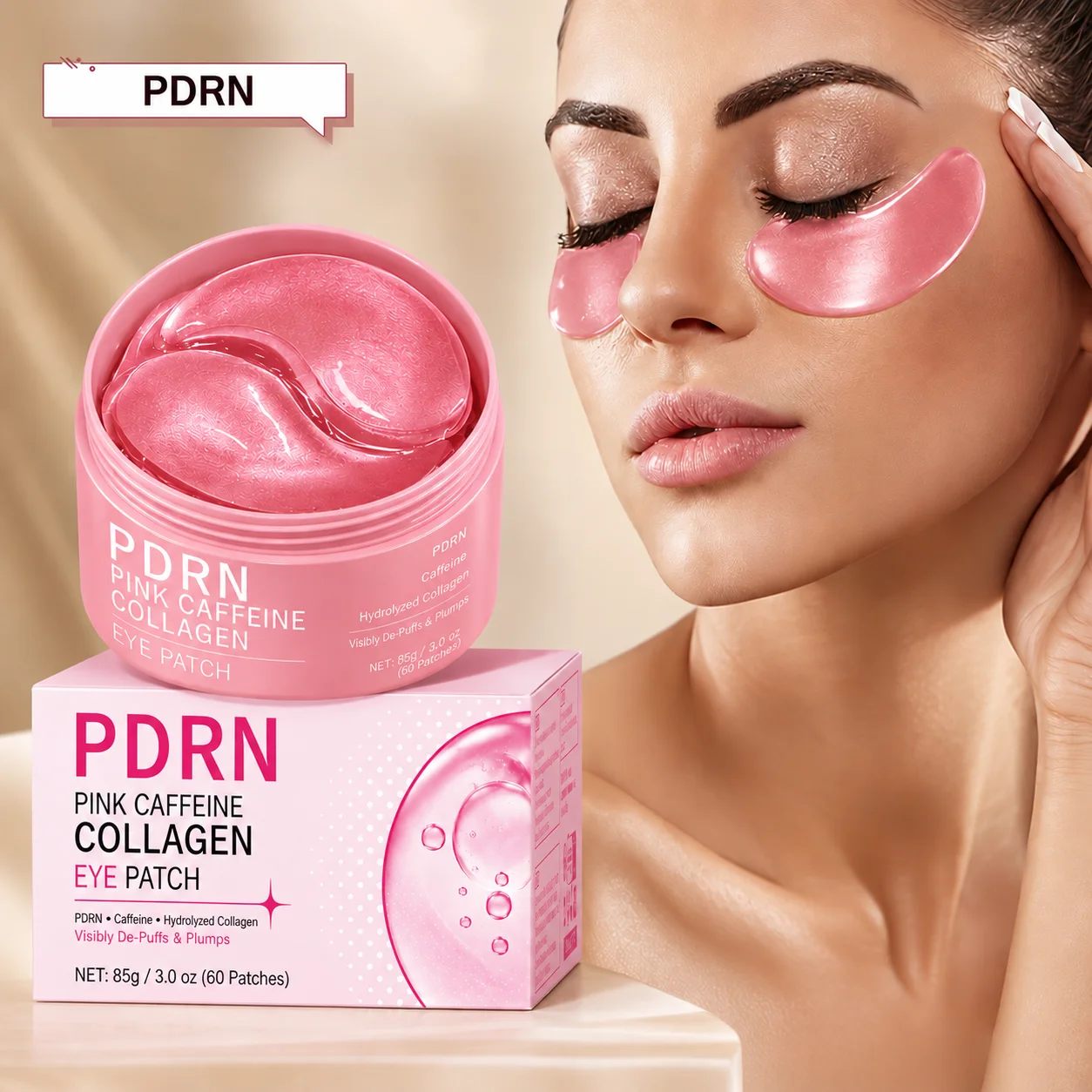 PDRN Pink Caffeine Collagen Eye Masks (60 Count) Gel Eye Masks That Effectively Relieve Puffiness and Fatigue; Collagen Firms T