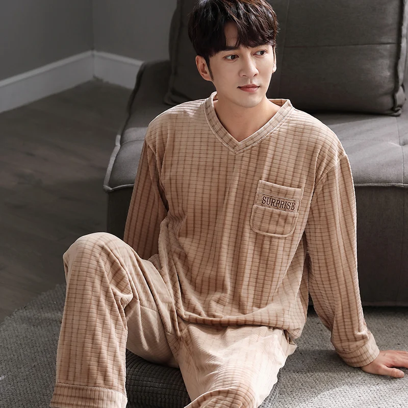 Men's Pajamas Thick Warm Flannel Autumn Winter Pyjamas Male Homme Pijama Sleepwear Long-Sleeve V-Neck Pullover Lounge Sleep Set