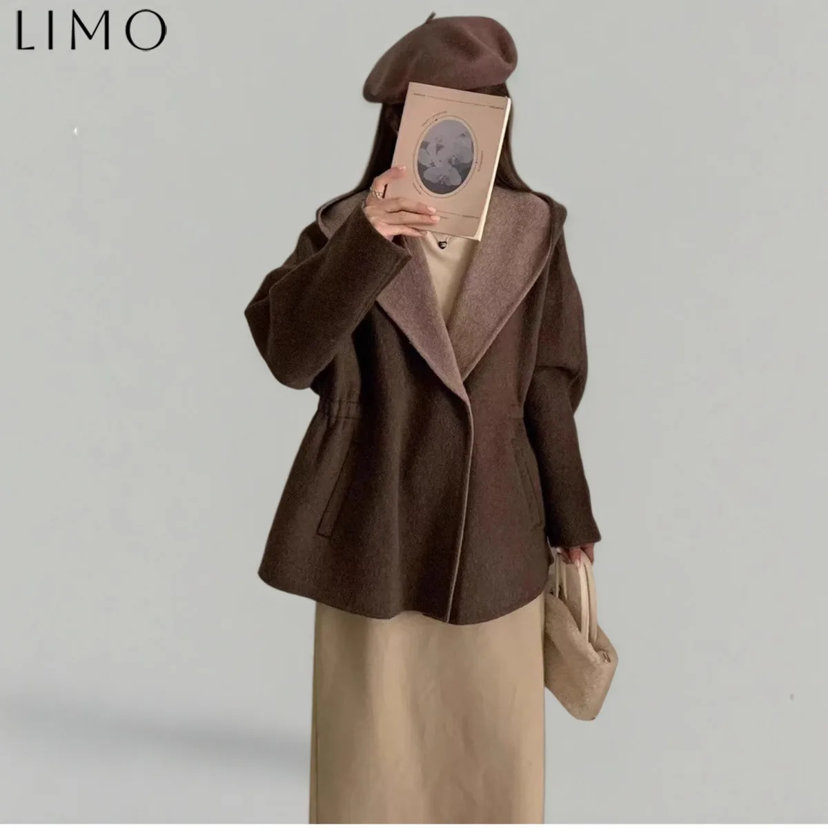 

LIMO Autumn Winter Korean Style Hooded Short Cashmere Coat for Women Double-Sided Double-Color Waist-Cinching