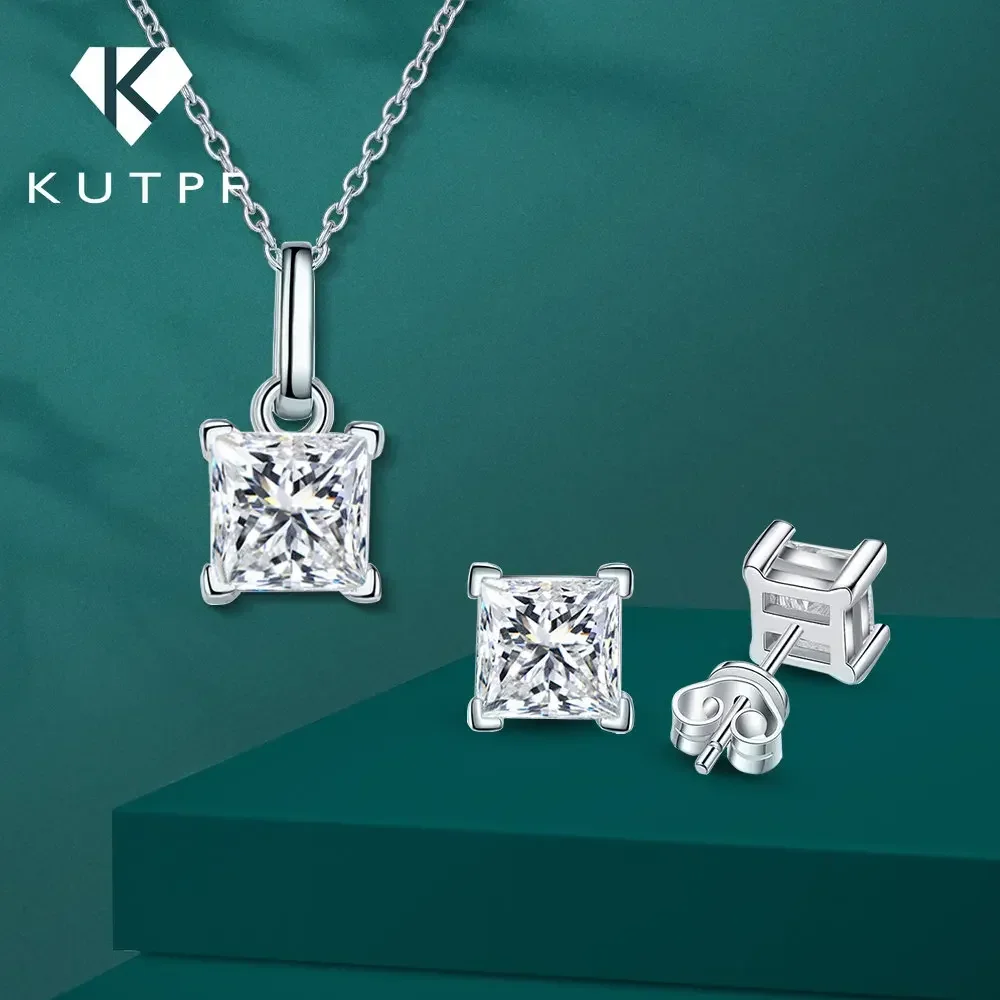 

Moissanite Jewelry Set for Women Princess Cut D Color Diamond 925 Sterling Silver Pendant Necklace Stud Earring with Certificate