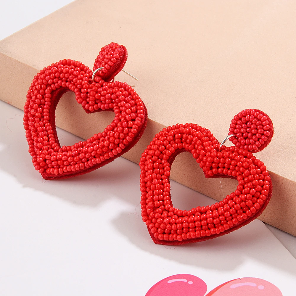 Beaded Heart Shaped Earrings - Handmade Statement Heart Dangle Earrings Gift for Valentine's Day and Mother's Day image 2
