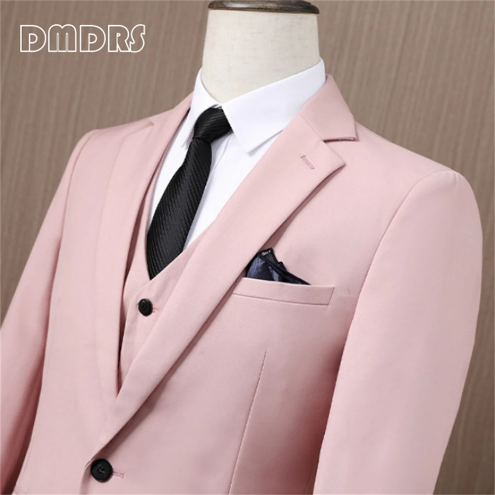 Pink Wedding Suit for Men Three Pieces Formal Suits Set, One Button Blazer Vest Pants Tuxedo Business Solid Smart Suits Jacket