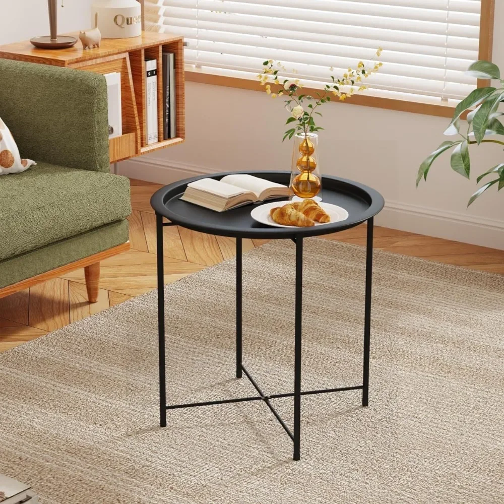 Nordic Style Round Side Table Multifunctional Small Coffee Tables Iron Folding Coffee Tray Bedside End Table Sofa Sides Tables