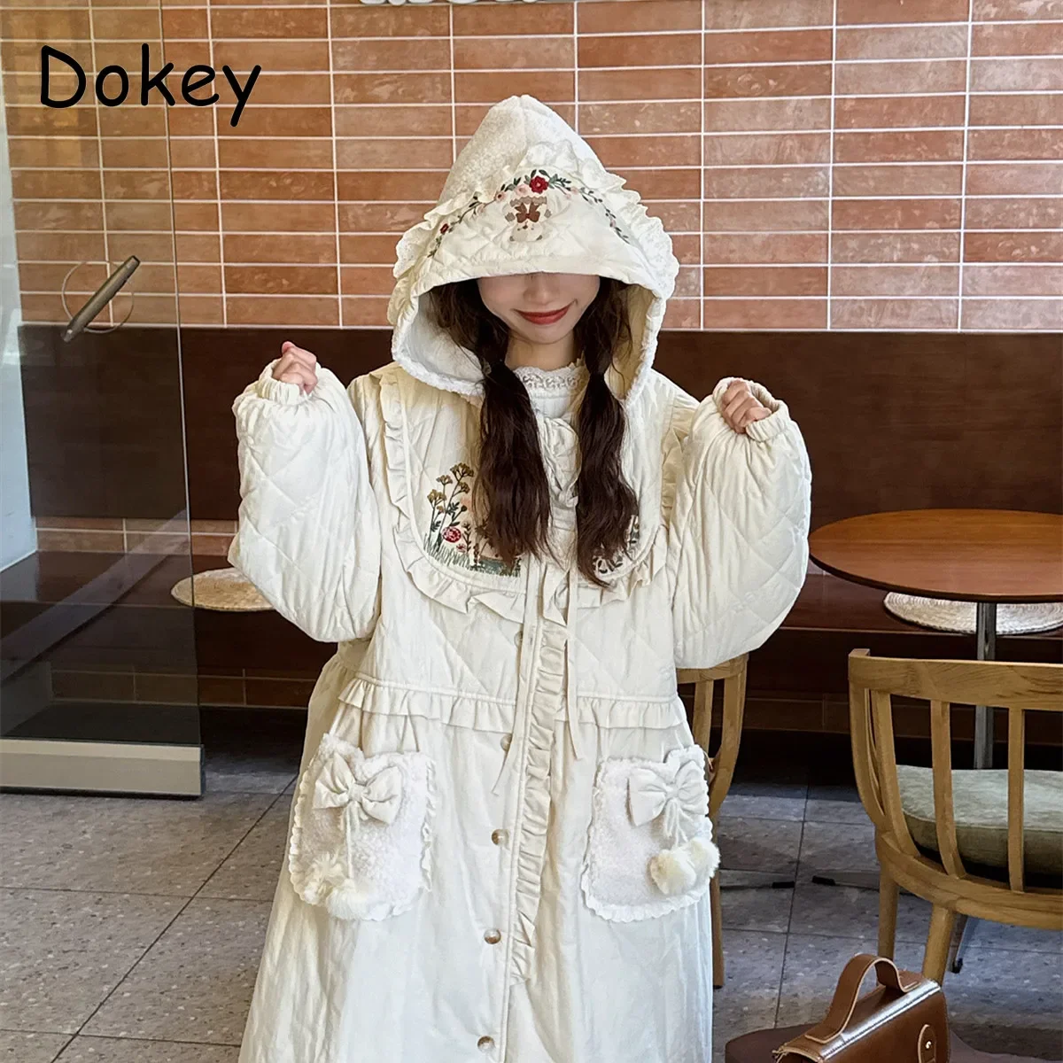 Vintage Embroidery Hooded Long Parka Women Japanese Mori Girl Winter Loose Warm Cotton Padded Jacket Coat Casual Kawaii Outwear