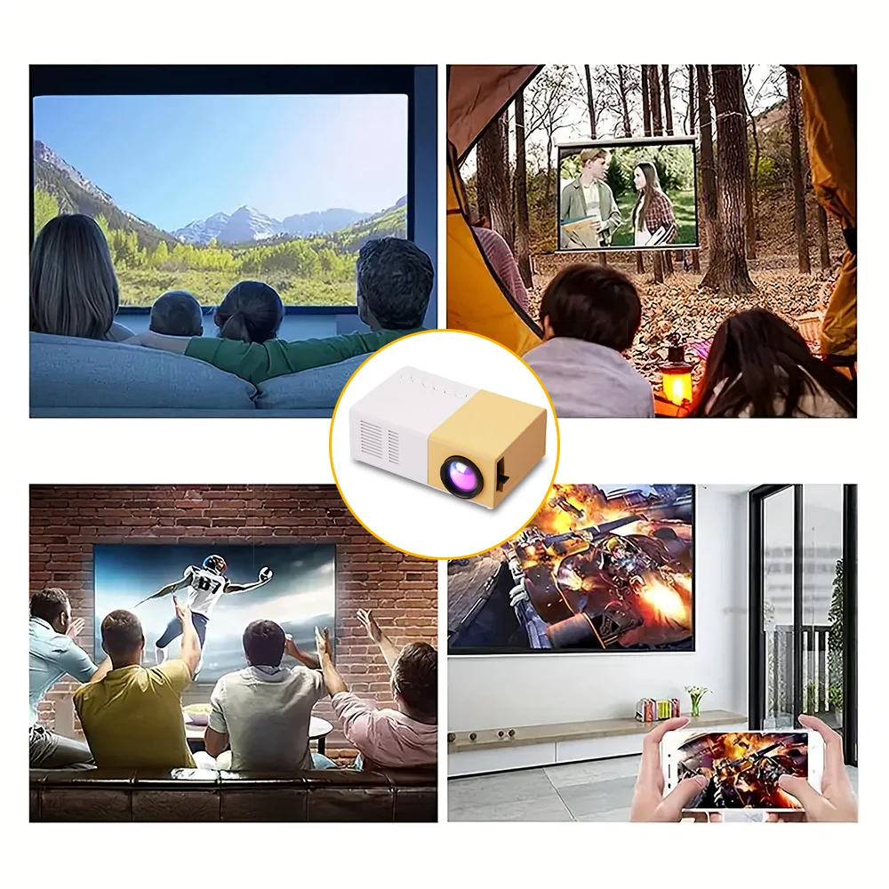 Proyector LED con cable para uso doméstico, compatible con teléfonos móviles, ideal para exteriores, admite resolución 1080P HD, control remoto, conexión USB, altavoz 3D y reproducción de video. Color amarillo.