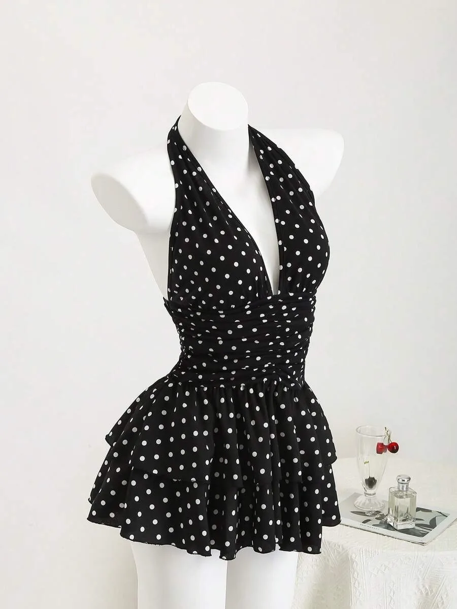 여름 신상 미국 스트리트 핫걸 클래식 프린팅 디자인 홀터 슬리브리스 숏 얇은 허리 케이크 스커트 여성용 INS 스타일