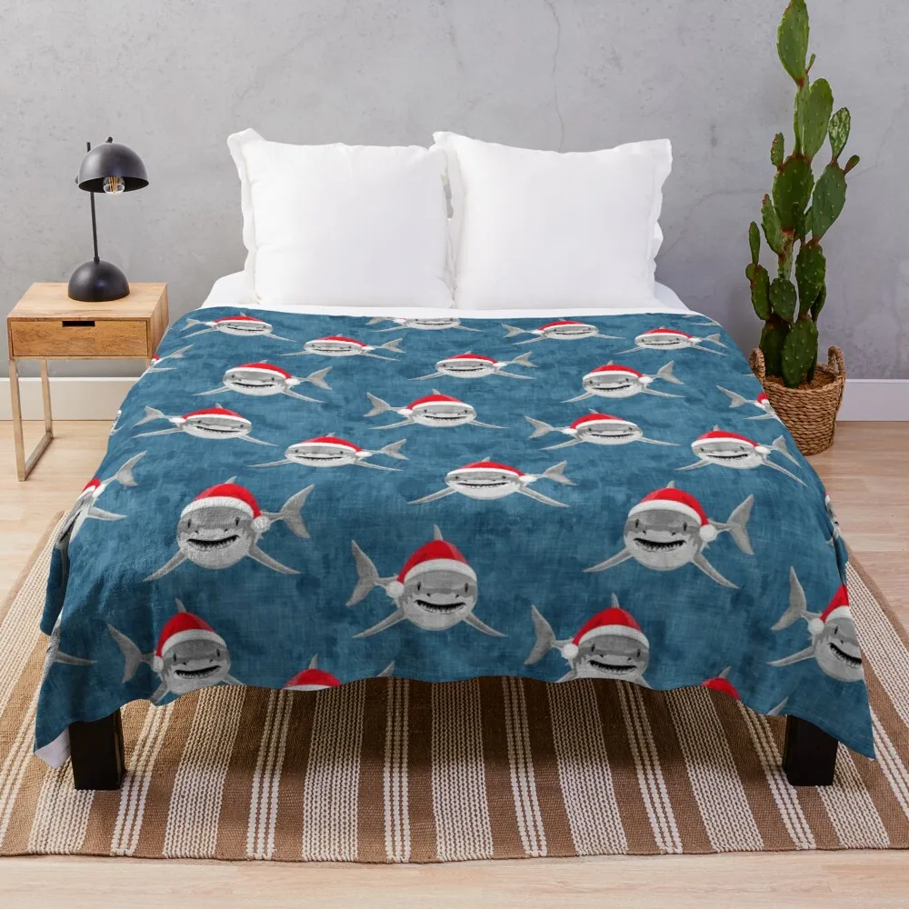 

Santa Sharks - blue - Christmas shark Throw Blanket Anti-Pilling Flannel Hair Blanket