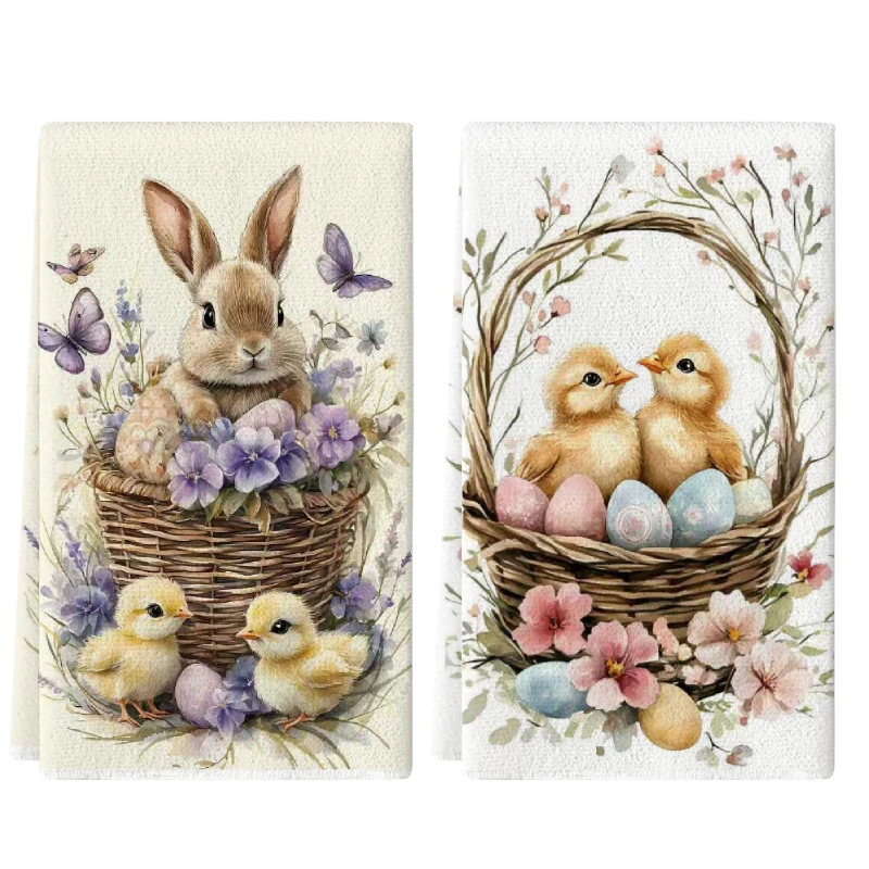 2Pcs, Easter Bunny and Chick Kitchen Towels, 40Cm*60Cm Towel Set, Best Kitchen Towels, Super Absorbent Soft Cleaning Cloth, Cooking and Baking Tea Towels, Hand Towels, Cleaning Cloths, Dishcloths, Kitchen Decorations, Living Room Decorations, Kitchen Essentials, Home Essentials
